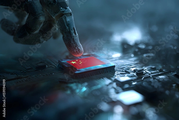 Fototapeta A human hand gently reaching out to touch a computer chipset embedded with the Chinese flag