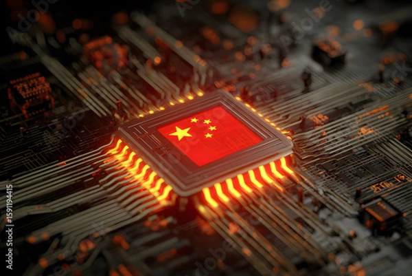 Fototapeta A digital concept art of a computer microchip with the Chinese flag