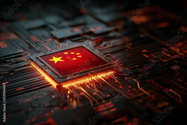 Fototapeta A digital concept art of a computer microchip with the Chinese flag