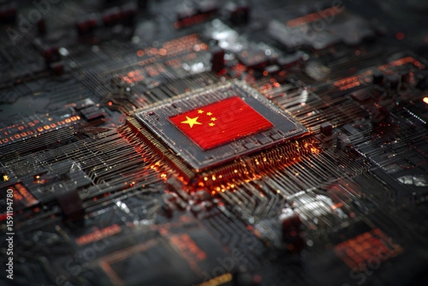 Fototapeta A digital concept art of a computer microchip with the Chinese flag
