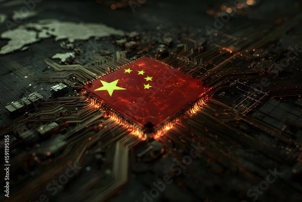 Fototapeta A digital concept art of a computer microchip with the Chinese flag