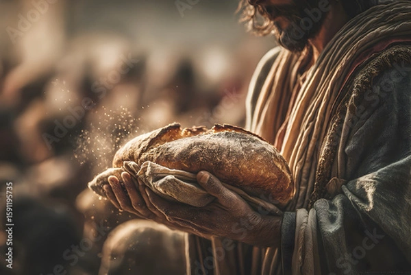 Fototapeta Jesus Christ gently spreading apart a loaf of rustic bread with both hands as a concept of feeding multitudes