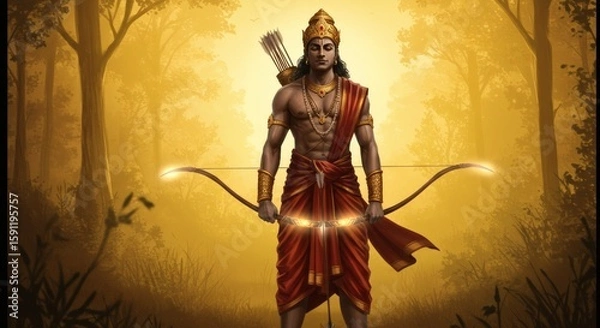 Fototapeta Heroic Warrior Prince with Longbow in Ancient Indian Attire – Standing in Lush Forest at Golden Hour, Flowing Fabric and Traditional Ornaments, Calm Expression, Cinematic Epic Fantasy Illustration