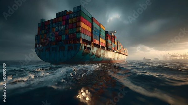 Fototapeta A massive cargo ship sailing across a calm ocean under a wide, slightly overcast sky