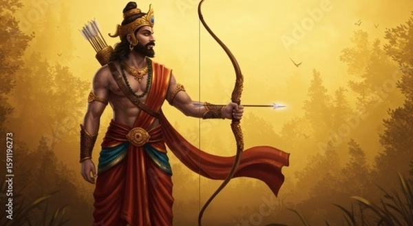Fototapeta Heroic Warrior Prince with Longbow in Ancient Indian Attire – Standing in Lush Forest at Golden Hour, Flowing Fabric and Traditional Ornaments, Calm Expression, Cinematic Epic Fantasy Illustration