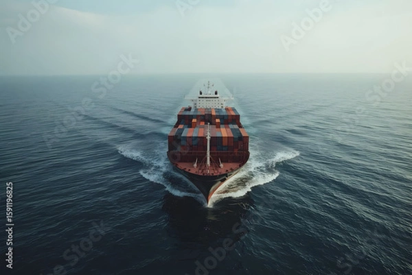 Fototapeta A massive cargo ship sailing across a calm ocean under a wide, slightly overcast sky