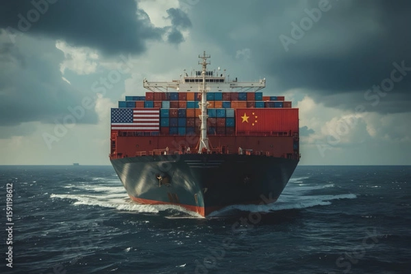 Fototapeta A massive cargo ship sailing across a calm ocean under a wide, slightly overcast sky