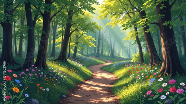 Fototapeta Tranquil forest pathway lush green woods nature scene vibrant flora serene viewpoint journey of peace