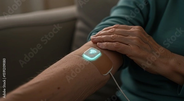 Fototapeta Illuminated Wireless Health Monitor on Arm Modern Medical Technology CloseUp.