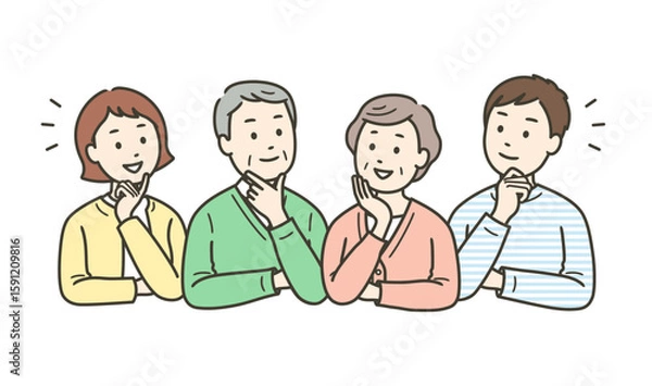 Obraz 何かを考えて納得し笑顔になる高齢者夫婦と若い夫婦
