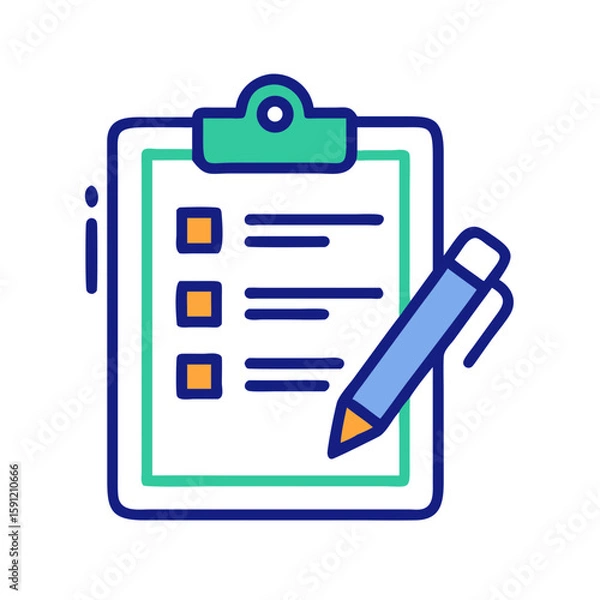 Fototapeta Outlined vector clipboard with checklist and pencil, representing task management, productivity, and personal organization in flat graphic style  

