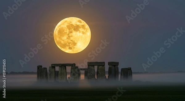 Obraz Stonehenge silhouetted against a large, bright full moon in a misty landscape at dusk.