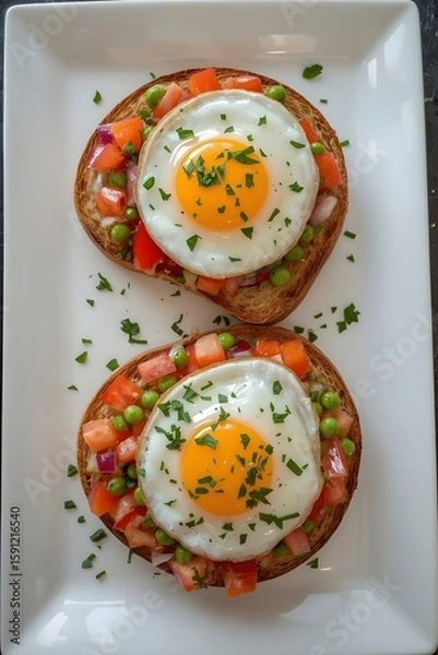 Fototapeta High resolution closeup photo of two slices of toasted bread topped with sunny side up eggs, fresh diced tomato, green peas and herbs on a white plate, perfect for breakfast food backgrounds

