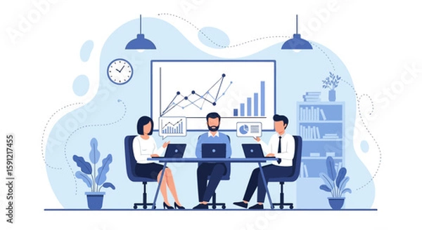 Fototapeta Business Meeting illustration: A group of professionals engaged in an animated business meeting within a modern, brightly lit conference room.