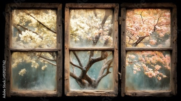 Fototapeta Spring Trees in Bloom Through Old Wooden Windows  Nature with Scenery, and Peace.