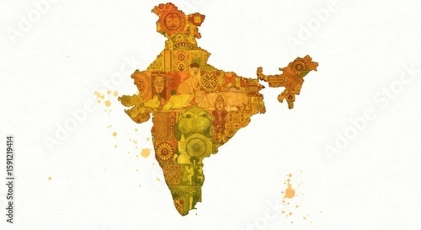 Fototapeta Abstract Watercolor Splash of Indian Subcontinent – Filled with Traditional Patterns, Cultural Symbols, and Festive Colors, Artistic Brush Strokes, Decorative Background, Editorial Art Style


