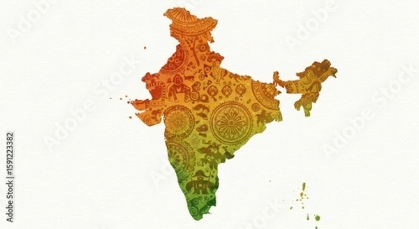 Fototapeta Abstract Watercolor Splash of Indian Subcontinent – Filled with Traditional Patterns, Cultural Symbols, and Festive Colors, Artistic Brush Strokes, Decorative Background, Editorial Art Style

