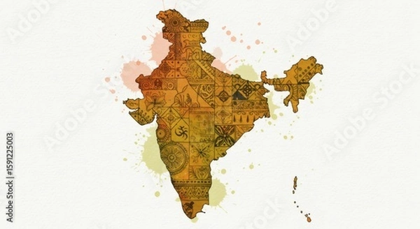 Fototapeta Abstract Watercolor Splash of Indian Subcontinent – Filled with Traditional Patterns, Cultural Symbols, and Festive Colors, Artistic Brush Strokes, Decorative Background, Editorial Art Style

