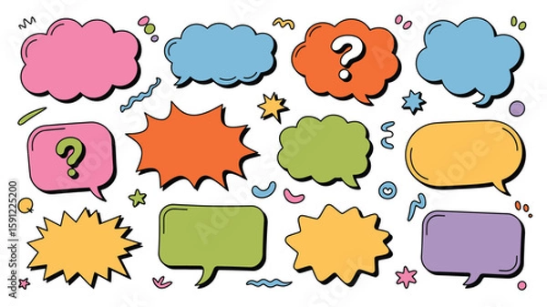 Fototapeta Seamless pattern of colorful speech bubbles and abstract shapes on white