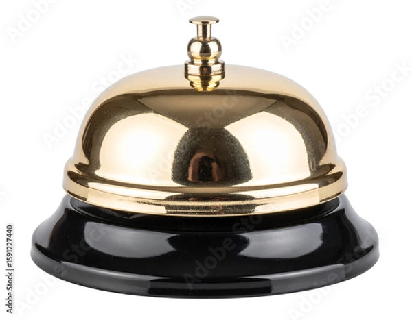 Fototapeta Front view of classic gold hotel service bell with polished dome and black base isolated on transparent background PNG
