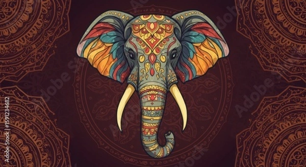 Fototapeta Colorful Stylized Elephant-Headed Figure Meditating on Lotus – Ornate Jewelry, Traditional Attire, Vibrant Patterns, Symmetrical Spiritual Design, Hand-Drawn Line Art with Watercolor Texture