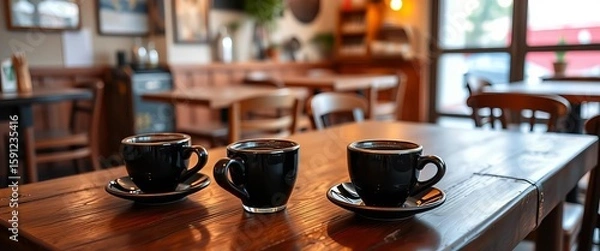 Fototapeta Small, dark Greek coffee cups on a rustic table in an Athenian cafe,  spoon,  tradition