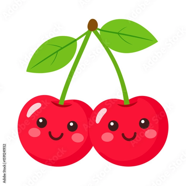 Fototapeta A cheerful pair of kawaii-style red cherries with smiling faces, rosy cheeks, green stems, and leaves.
