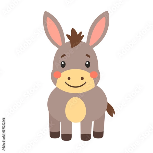 Fototapeta Charming cartoon donkey with a friendly smile, rosy cheeks, and long ears. A flat vector illustration of a cute farm animal.