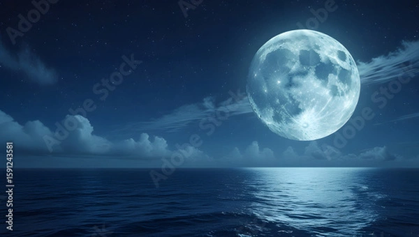 Fototapeta Full moon shining over calm sea with night sky and clouds