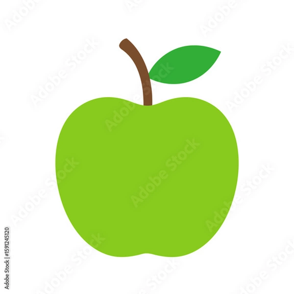 Fototapeta Stylized green apple illustration with a brown stem and single leaf. A simple, flat design graphic icon.