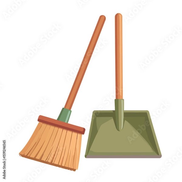 Fototapeta Cartoon broom with wooden handle and thick bristles next to a matching green dustpan. A classic household cleaning tool set.