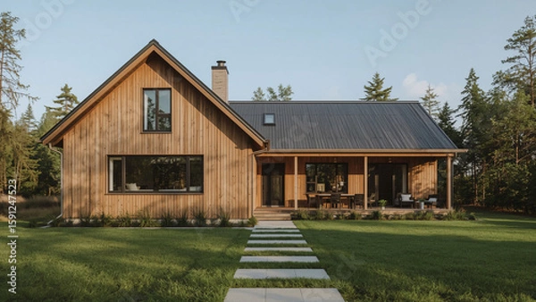 Obraz Scandinavian Modern Home – Wooden Cladding and Natural Light in Contemporary Architecture
