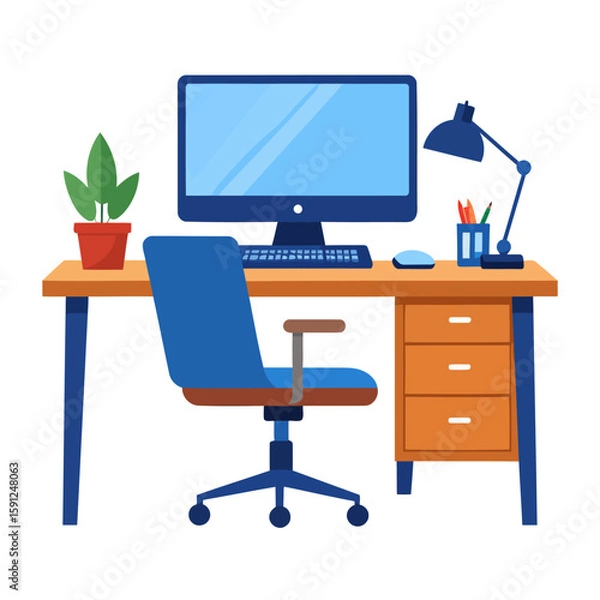 Fototapeta Modern home office workspace illustration with a computer, blue swivel chair, desk lamp, and a potted plant.