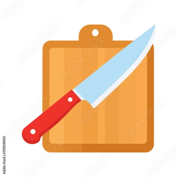 Fototapeta A kitchen knife with a red handle and steel blade resting on a wooden cutting board. Flat vector illustration for cooking.