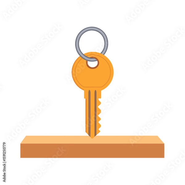 Fototapeta A simple orange key with a silver metal ring being inserted into a light brown keyhole.