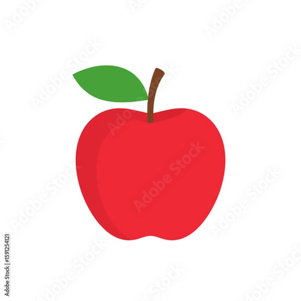 Fototapeta Vibrant red apple icon with a single green leaf and brown stem, depicted in a simple, flat design style.