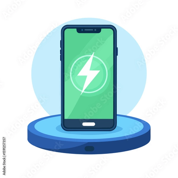 Fototapeta Modern smartphone with a lightning bolt icon on its green screen, charging on a blue wireless pad.