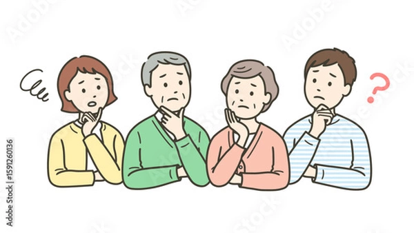 Obraz 何かを考えて悩んでいる高齢者夫婦と若い夫婦
