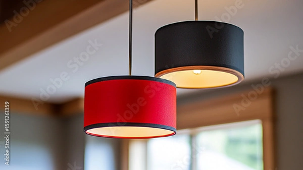 Fototapeta The contemporary pendant fixture with a red and black shade makes a fashion-forward statement