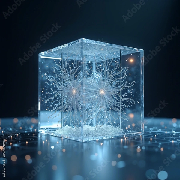 Fototapeta Crystal cube representing artificial intelligence core with neural circuit structures, symbolic of future AI innovation