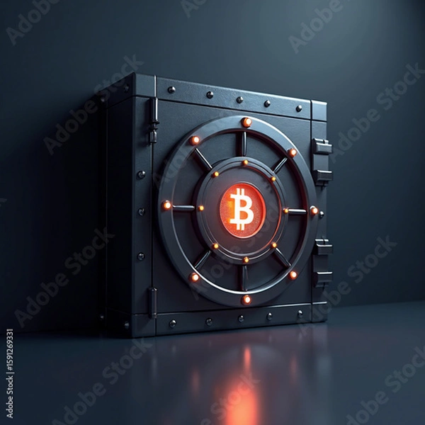 Fototapeta Secure crypto vault with blockchain symbols and encrypted nodes, visualizing protection and data integrity in digital finance
