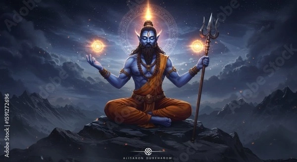 Fototapeta Divine Lord Shiva in Spiritual Aura – Hindu God of Destruction and Meditation with Trident, Third Eye, and Serene Expression