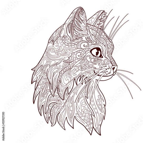 Obraz Cat coloring book page. Decorative doodle cat isolated on white.