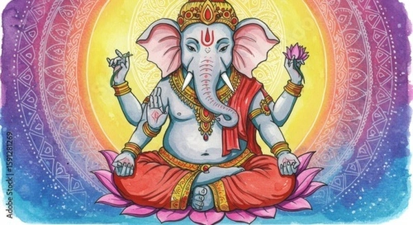Fototapeta Elephant-Headed Humanoid in Meditative Pose on Lotus Pedestal – Intricate Jewelry, Mandala Background, Glowing Aura, Colorful Fantasy Spiritual Concept Art, Highly Detailed and Symmetrical