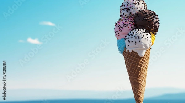 Fototapeta Delicious ice cream cone with multiple scoops and sprinkles. Perfect for a sweet summer treat on a sunny day.