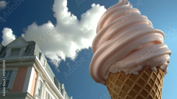 Fototapeta Giant pink ice cream cone against a clear blue sky. A grand building stands under fluffy white clouds.