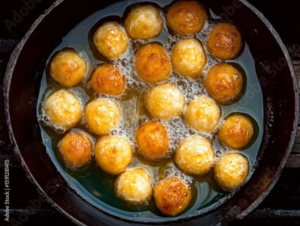 Fototapeta Golden sweet doughnuts frying in hot oil within a dark pot. Creating a delicious, traditional fried dessert at home.