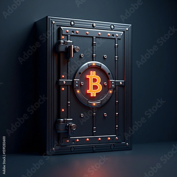 Fototapeta Secure crypto vault with blockchain symbols and encrypted nodes, visualizing protection and data integrity in digital finance