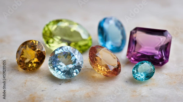 Fototapeta Assorted jewelry gemstones displayed on a light-colored surface
