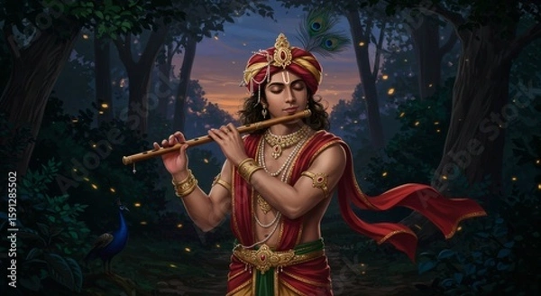 Fototapeta Elegant Young Man in Royal Indian Attire Playing Flute in Twilight Forest – Peacock Feathers, Peaceful Expression, Glowing Light, Vibrant Fantasy Art with Mystical and Spiritual Atmosphere

